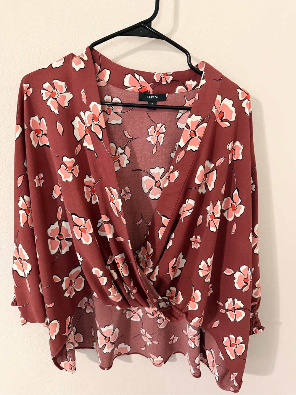 Alfani Rosewood Floral Wrap-Front Blouse in Rosewood and Pink
